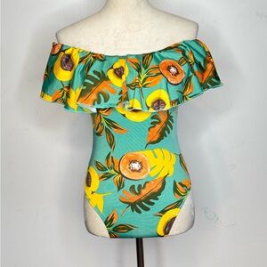 Tropical Peach Off Shoulder Ruffle One Piece Swimsuit Size L